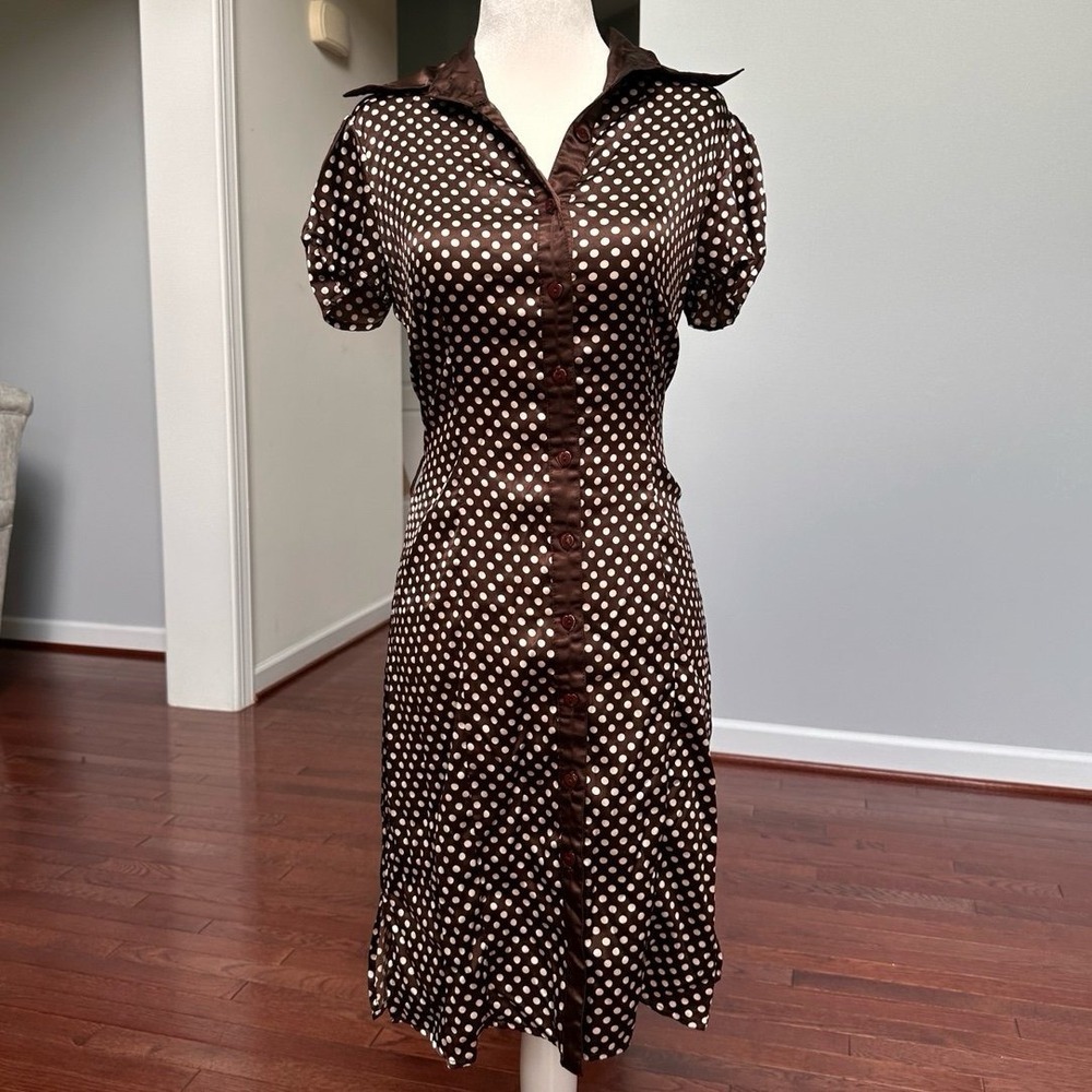 Vintage Y2K F21 Polka Dot Coquette Dress Summer Satin‎ Brown White Charlotte